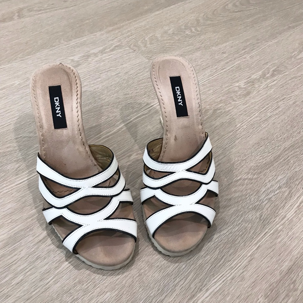 DKNY White Mules with Elegant Strappy Design